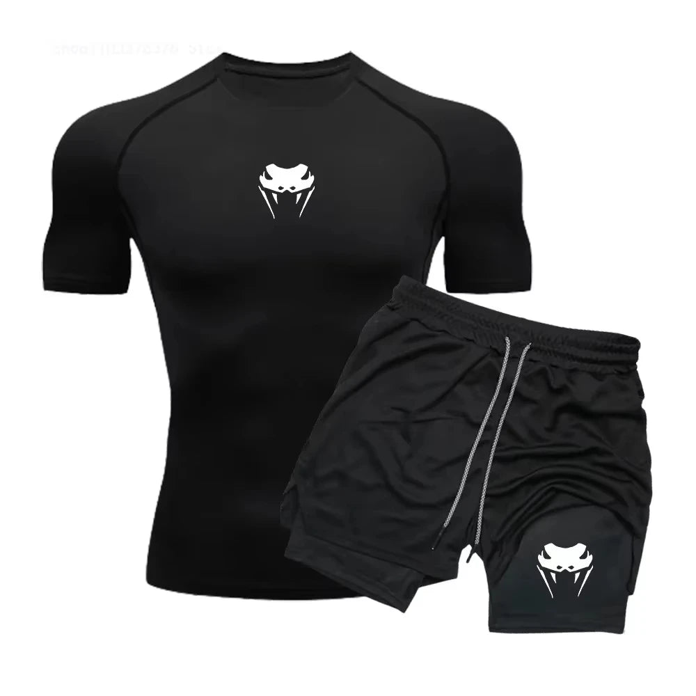 Men Compression Athletic Fitness Wear - Quick-Dry Tight Short-Sleeve Anime Double-Layer Shorts Summer Set Fitness Running Set